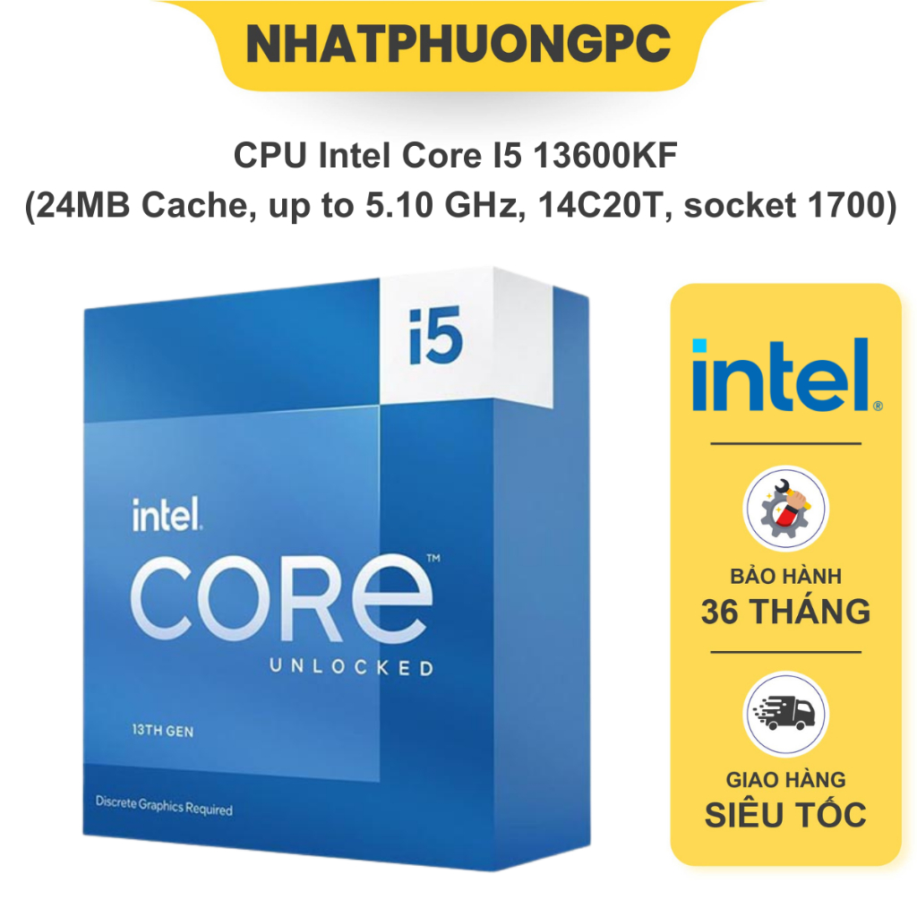 CPU Intel Core i5-13600KF (3.5GHz turbo up to 5.1Ghz, 14 nhân 20 luồng, 20MB Cache, 125W) - Socket Intel LGA 1700