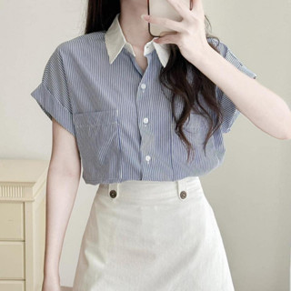 Áo Sơ Mi tay ngắn nữ Lamo Design Áo SoMi thiết kế nữ phối cổ trắng trẻ trung chất liệu sọc cotton mềm B1082