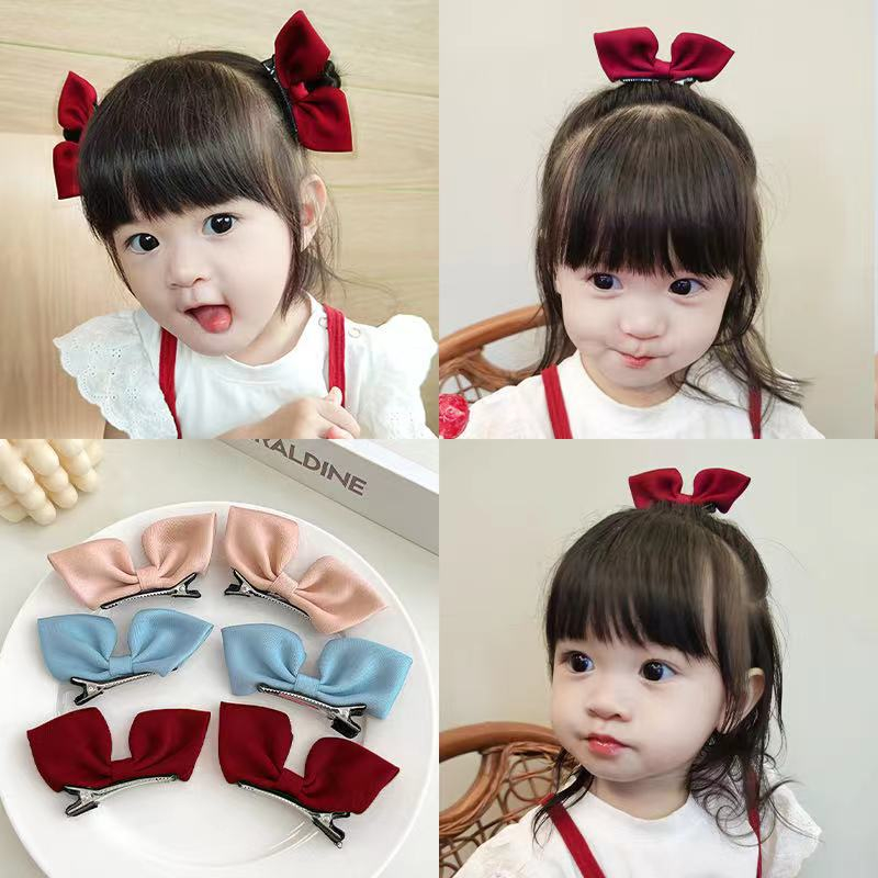 Set 2 kẹp tóc nơ vải lụa satin trơn tông màu pastel siêu xinh phong cách vintage Hàn Quốc cho bé gái SST