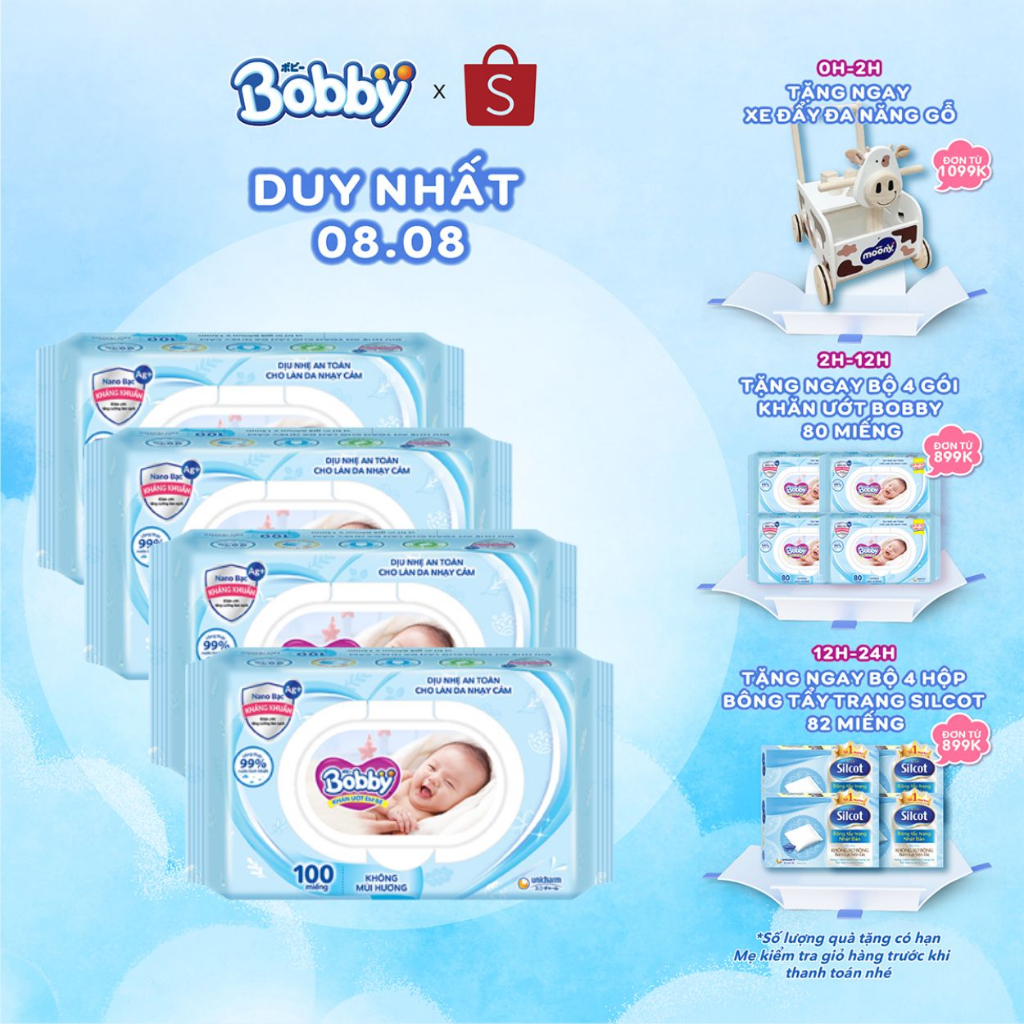 Bộ 4 gói Khăn ướt Bobby không mùi 100 tờ/gói (Xanh)