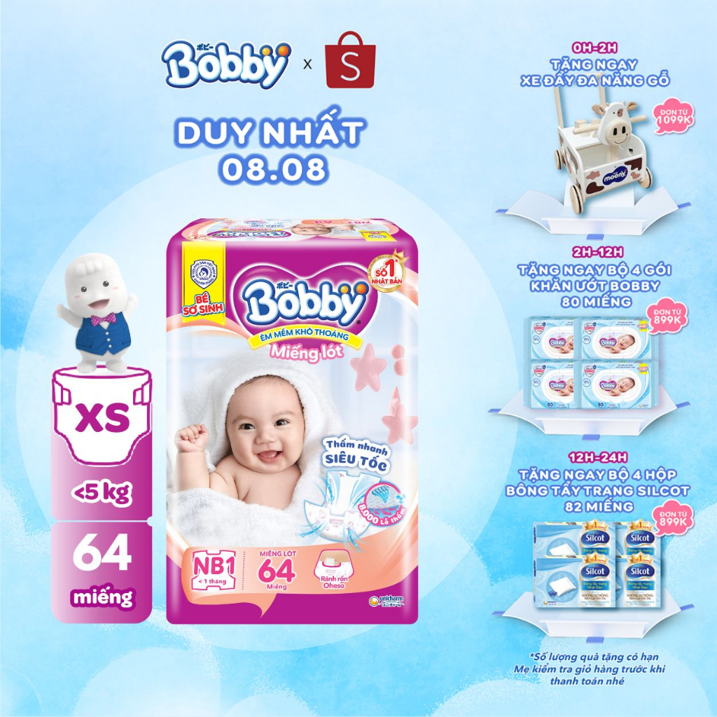 Miếng lót sơ sinh Bobby Newborn 1-64 miếng