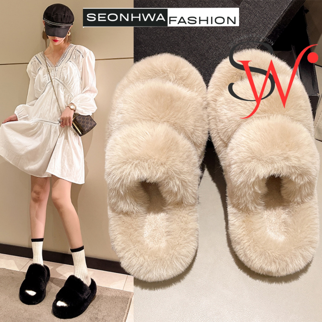 Dép lông đi trong nhà cao cấp SEONHWA cao 2.5cm quai ngang phủ lông dày vừa xinh vừa cá tính G519