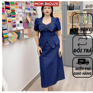 Set đồ bộ bigsize nữ dự tiệc đi chơi kiểu jean nơ chân váy dài MON big size 50 - 90kg