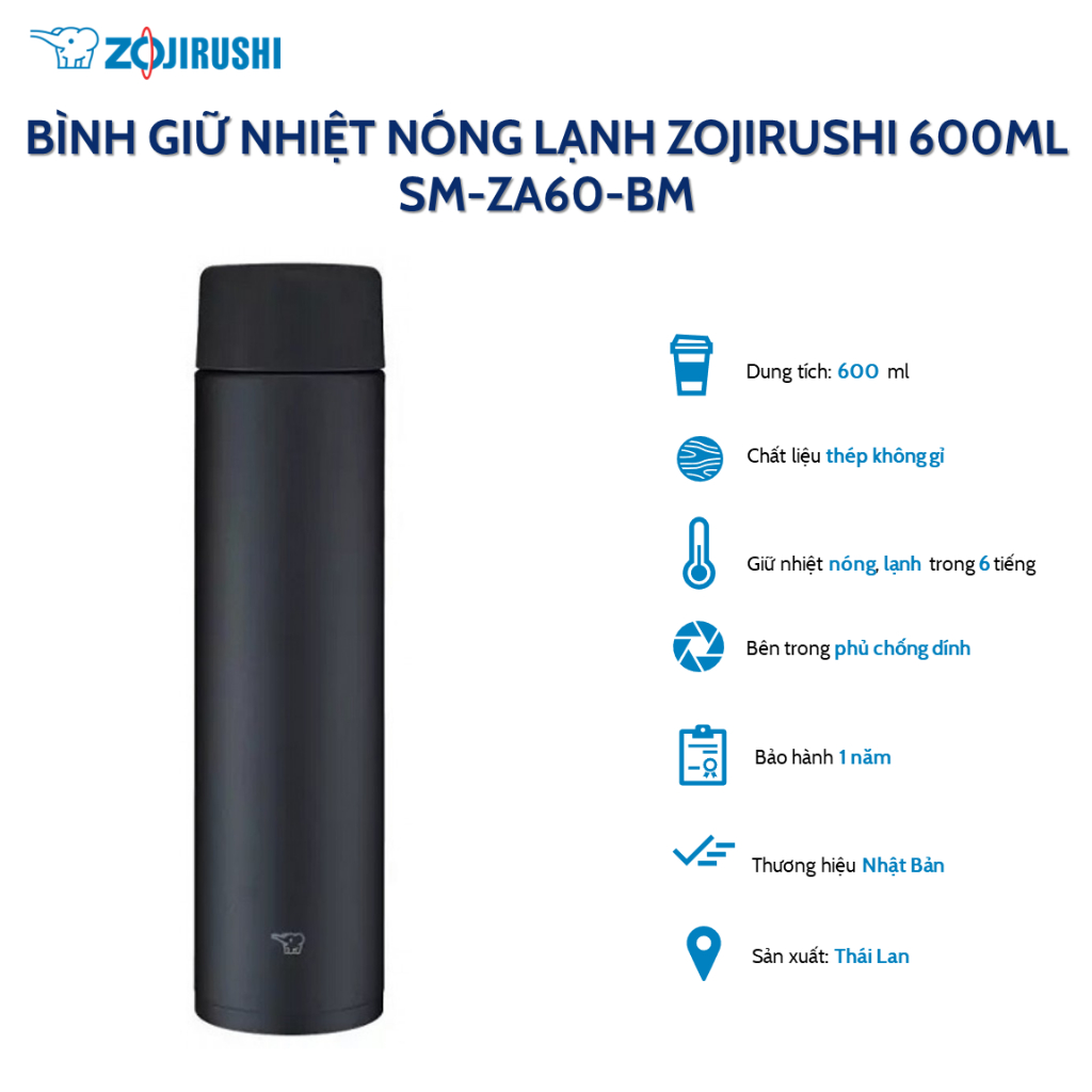 Bình giữ nhiệt Zojirushi SM-ZA60-BM dung tích 0.6L, bảo hành giữ nhiệt 1 năm chính hãng