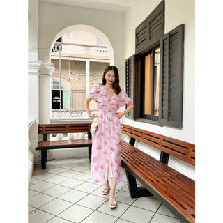 Đầm chữ A cổ chữ V nhún ngực in hoa chất voan tơ phong cách tiểu thư