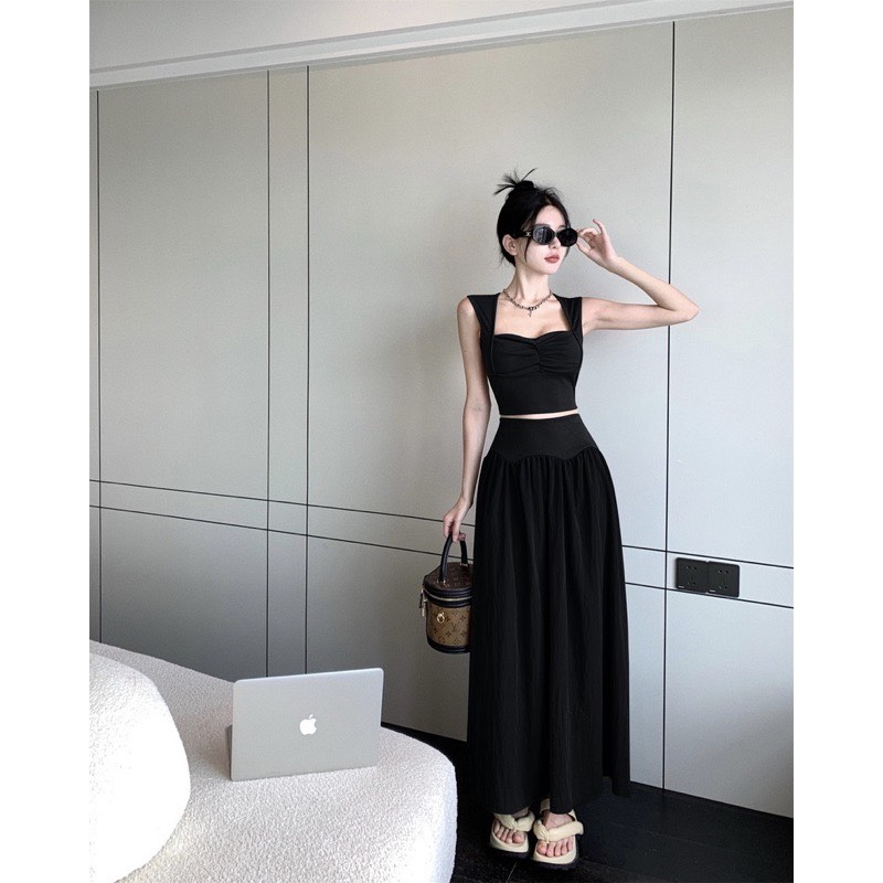 Set áo cổ vuông nhún ngực mix chân váy xòe dễ thương - thun dẻo