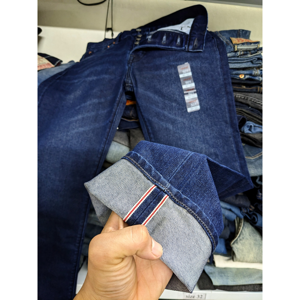 Quần jeans nam ống suông màu xanh rêu chất demin selvedge