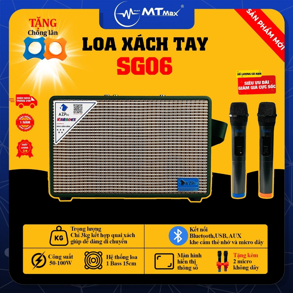 Loa Xách Tay AZPro SG06 - Đỉnh Cao Âm Thanh Cao Cấp Giá Rẻ, Tặng Kèm 2 Micro Không Dây và Chống Lăn.