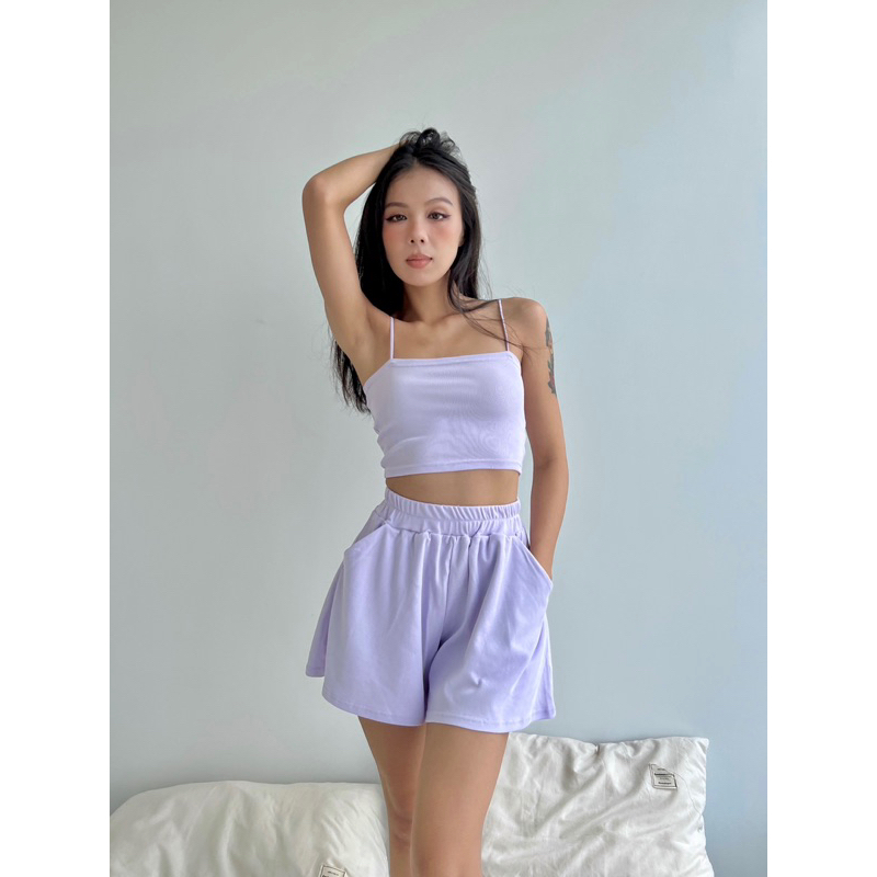 Quần đùi cotton dáng xoè cạp cao tone màu pastel