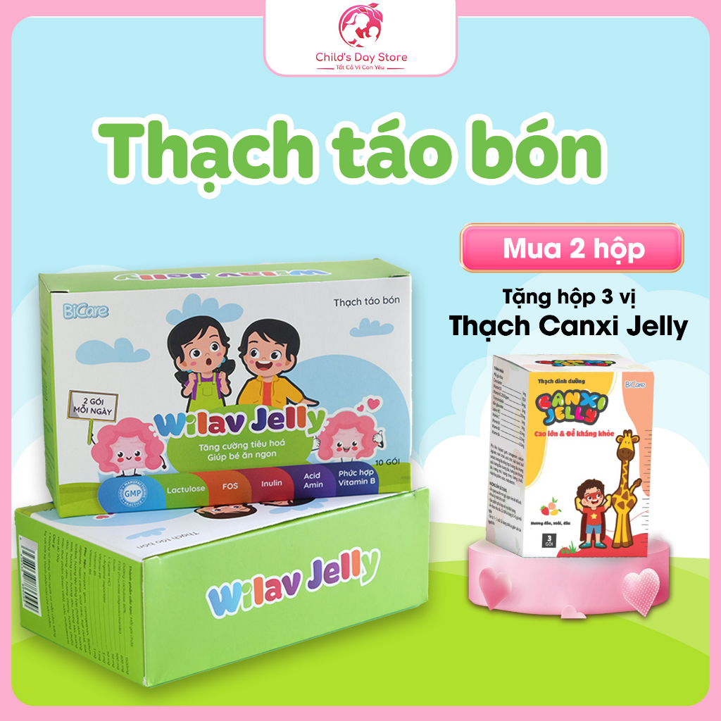 Hộp Thạch Táo Bón Wilav Jelly BICARE - Hộp 10 gói - Tăng cường hệ tiêu hóa khỏe cho bé