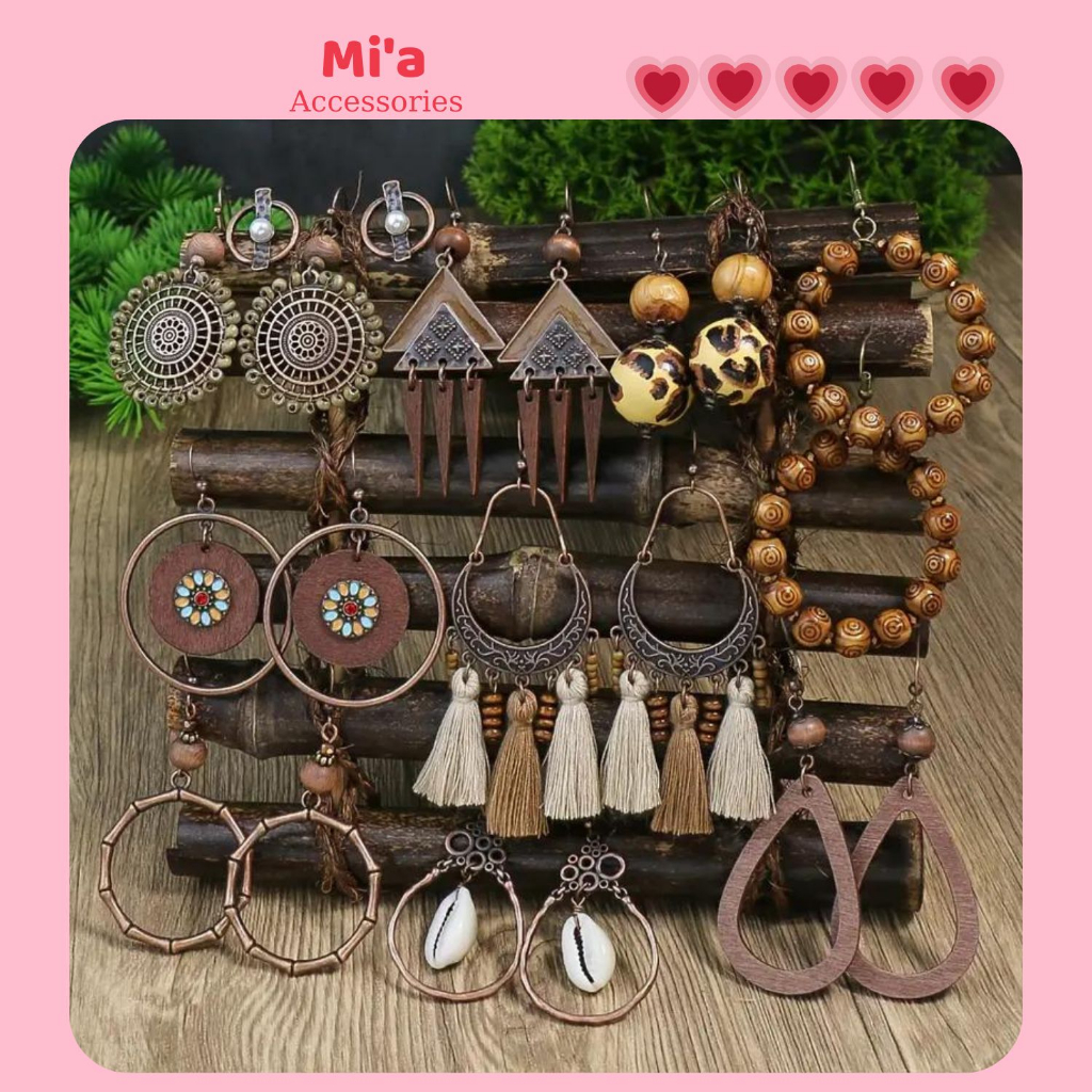 Khuyên tai retro tuarua gỗ, bông tai Âu mỹ vintage