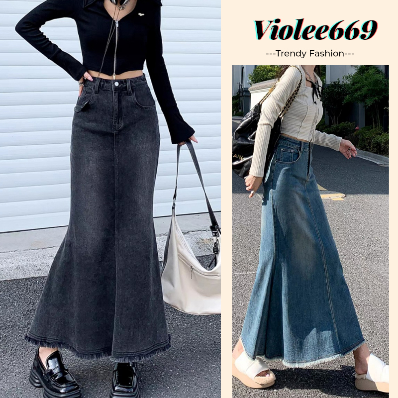 Chân Váy Denim Đuôi Cá Lưng Cao Phong Cách Retro Thời Trang_39