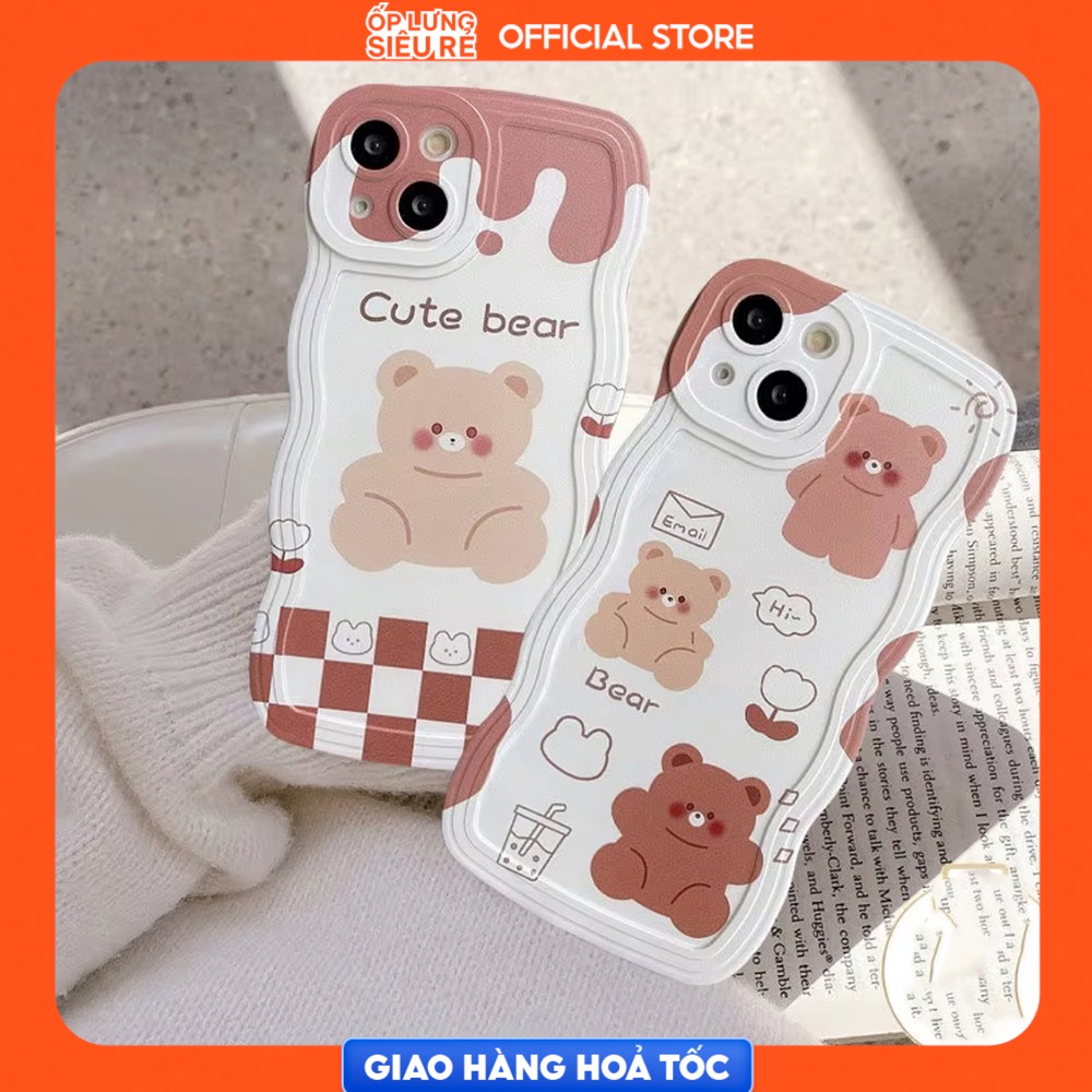 Ốp lưng Iphone 7 Plus/X/XS/XR/Xs Max/11/14 Pro/...trong cạnh gợn sóng hình Cute Bear