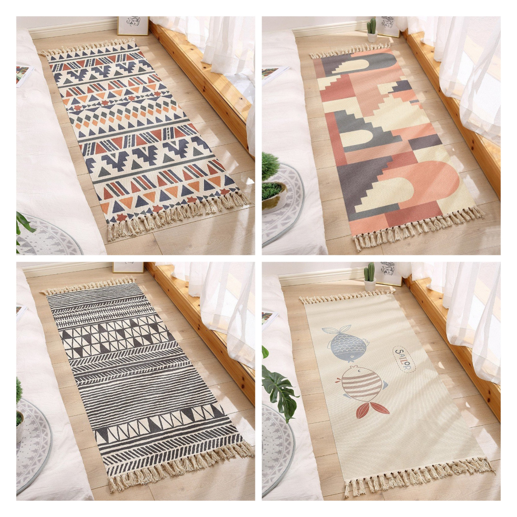 Thảm phòng ngủ  vintage cao cấp chất liệu cotton , họa tiết thổ cẩm - Thảm trang trí phòng ngủ