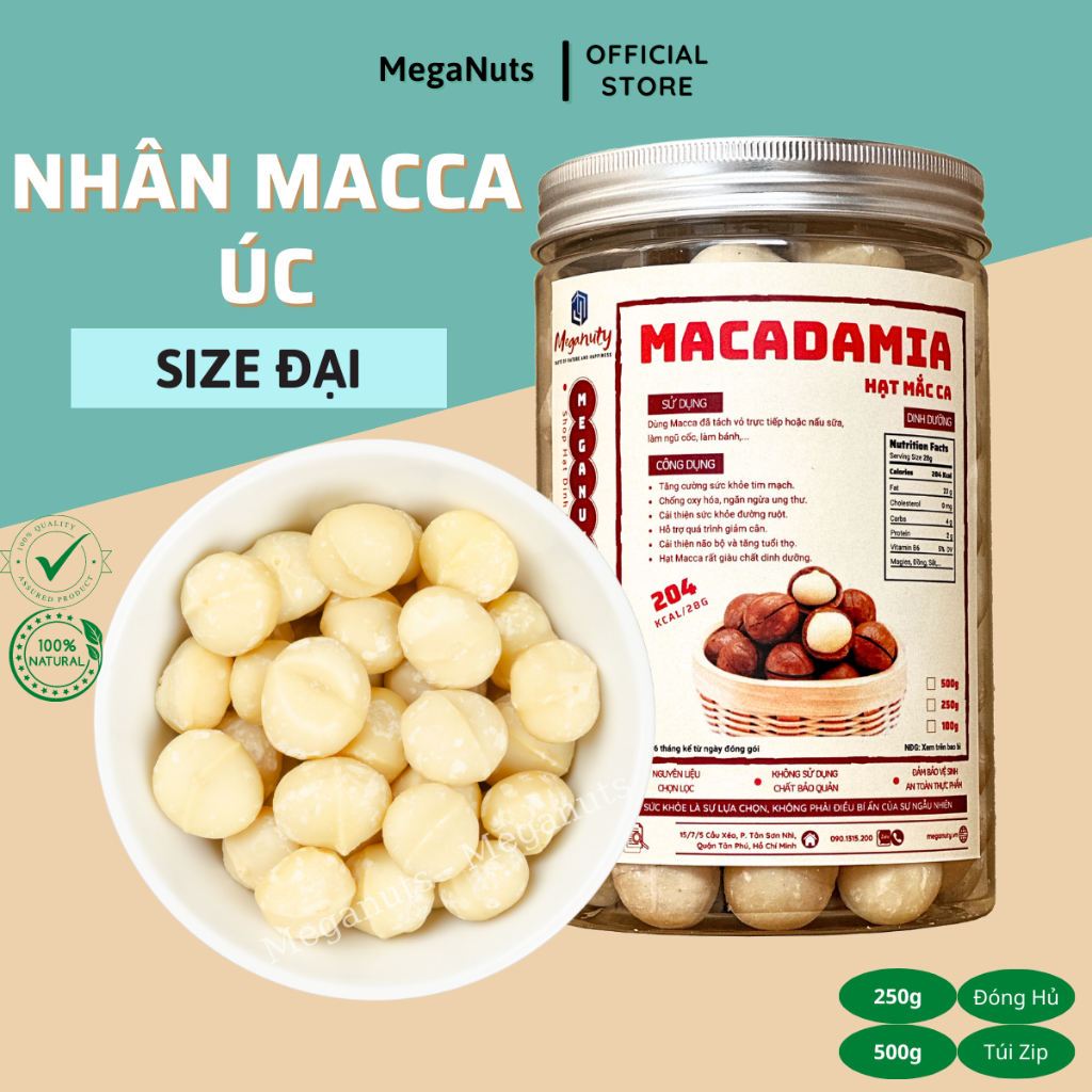 Nhân hạt macca Úc sấy nguyên hạt/ hạt vỡ loại 1 - Nhân hạt macca tách vỏ nhập khẩu Meganuts hũ 250gr