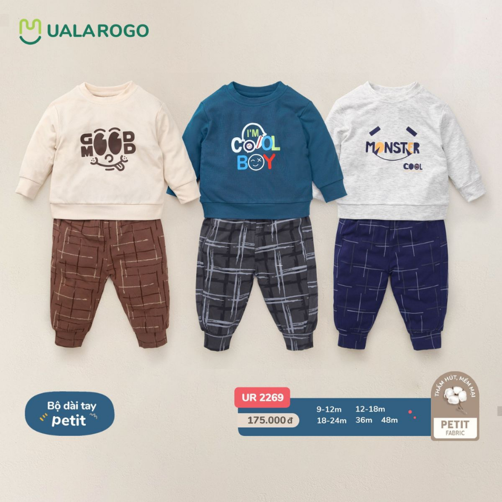 Bộ quần áo dài tay cho bé Ualarogo 9 tháng - 4 tuổi vải Petit thoáng mát co giãn thấm hút mềm mại 2269