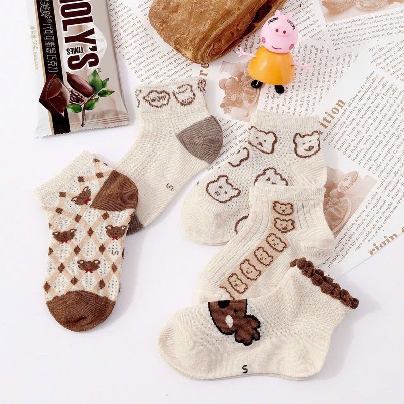 Set 5 Đôi Tất Vớ Lưới Hình Gấu Nâu Hàn Quốc Cho Bé Sơ Sinh Từ 0-3 Tuổi 2023