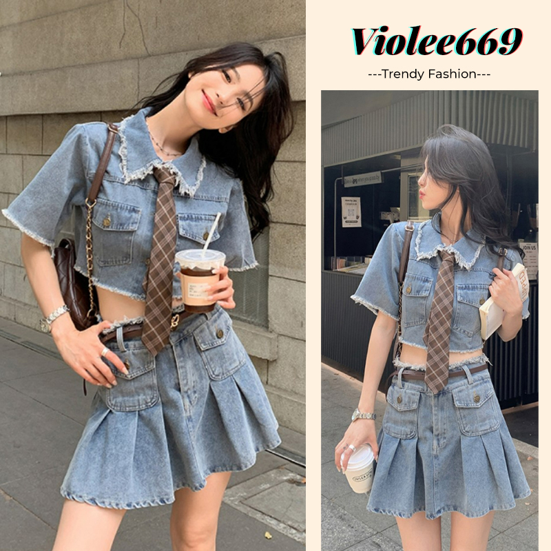 Set bộ denim jeans áo croptop có cổ tay cộc kèm chân váy ngắn xếp ly cạp cao túi hộp rách nhẹ bò  40-60kg - Violee669