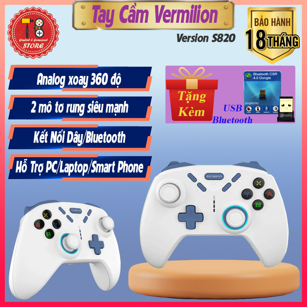 Tay cầm chơi game không dây Vermilion S820 PRO - kết nối bluetooth - DualSock siêu mạnh, Tay Game FO4