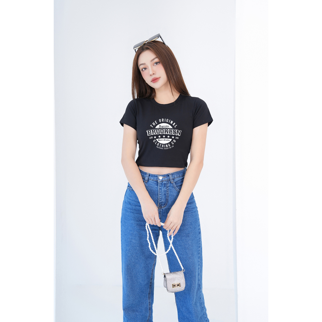 Áo croptop thời trang in chữ BROOKLYN - Áo laptop ôm chất Cotton LOZA CR6378