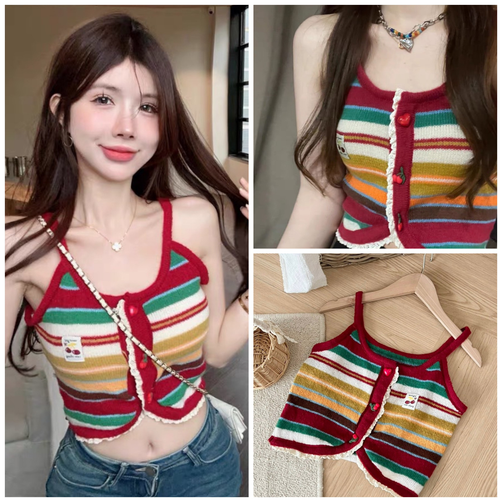 ÁO LEN 2 DÂY ELDY KẺ NGANG NHIỀU MÀU SẮC PHỐI REN