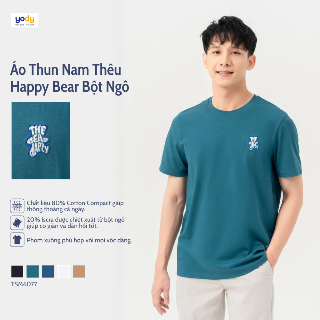 [Sale 50%] Áo thun nam thêu happy bear YODY chất bột ngô mặt vải mềm mại chuẩn phom TSM6077