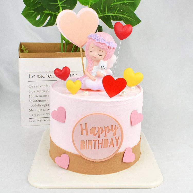 -Bé gái ngồi tóc hồng bế mèo - Trang trí bánh sinh nhật bánh kem