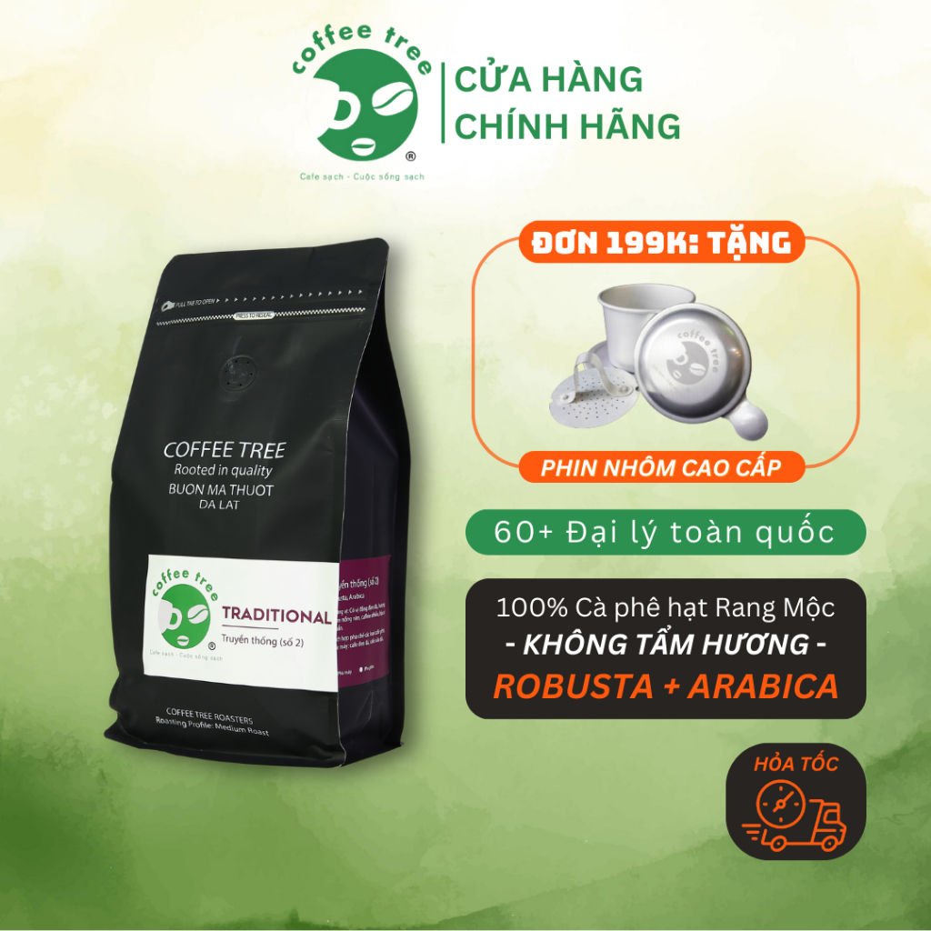 [TẶNG QUÀ ĐƠN 199K] Cà phê Truyền Thống Số 2, Cafe Rang xay Nguyên chất Đậm vừa Medium, Robusta & Arabica - COFFEE TREE