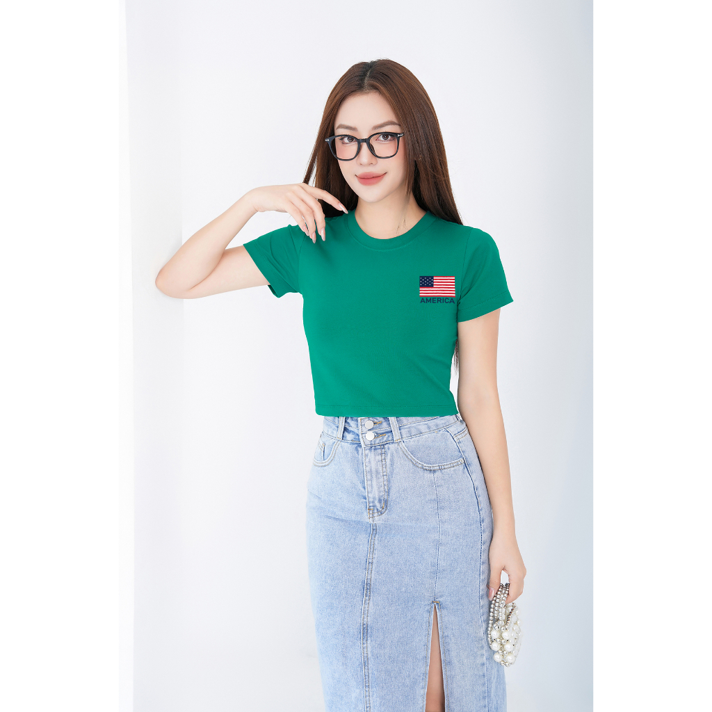 Áo croptop ôm in hình cờ Mỹ - Áo laptop kiểu thời trang chất Cotton LOZA CR6380