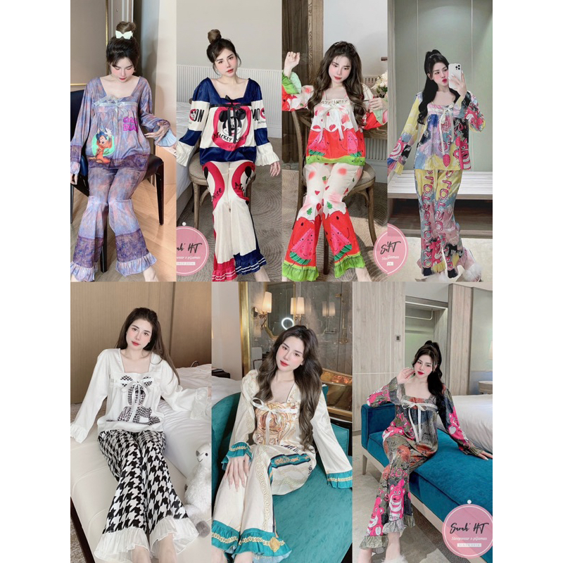 Bộ Ngủ Pijama mặc nhà xước dài tay CỔ VUÔNG CỘT NƠ NHIỀU MẪU ĐẸP