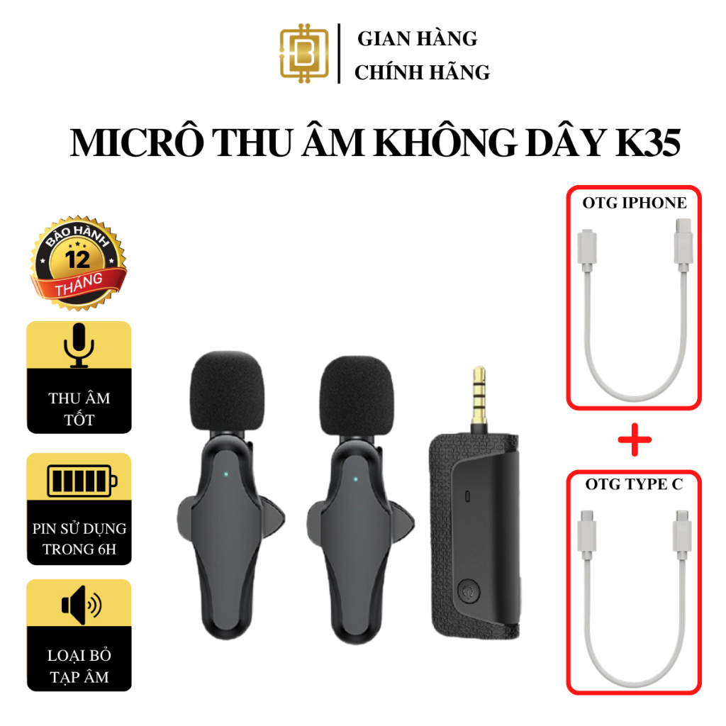 Mic Thu Âm Micro Không Dây Cài Áo Chân 3.5mm Dành Cho Điện Thoại K35Pro