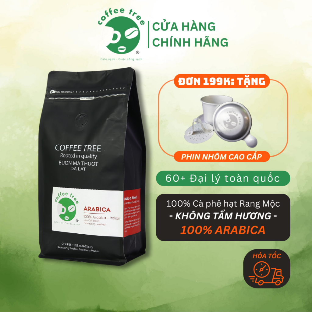 Cà phê Arabica Việt Nam, Cafe Rang xay Nguyên chất Đậm vừa Medium, Arabica 100% - COFFEE TREE