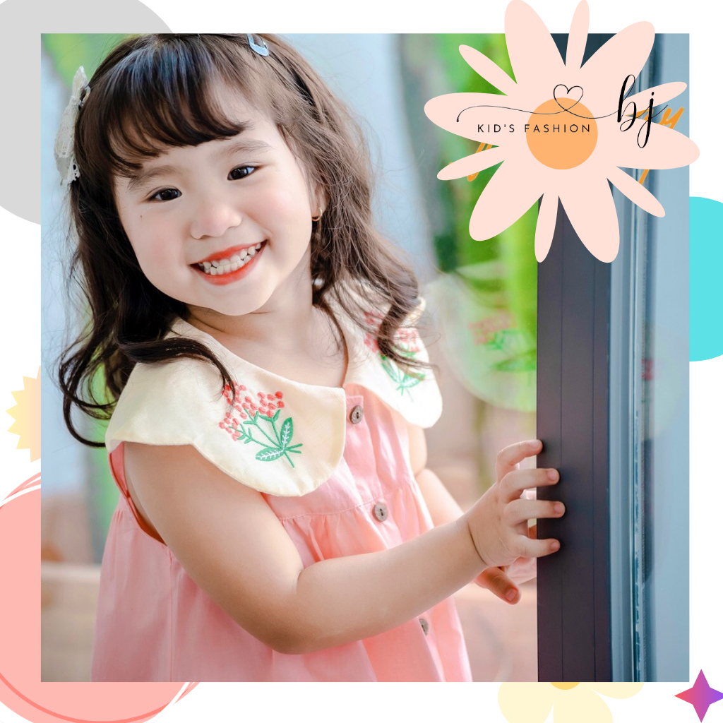 Váy Bé Gái Màu Hồng Cổ Yếm Thêu Hoa Vải Cotton, Đầm Công Chúa Cổ Hoa Cho Bé Gái Từ 2-12 Tuổi