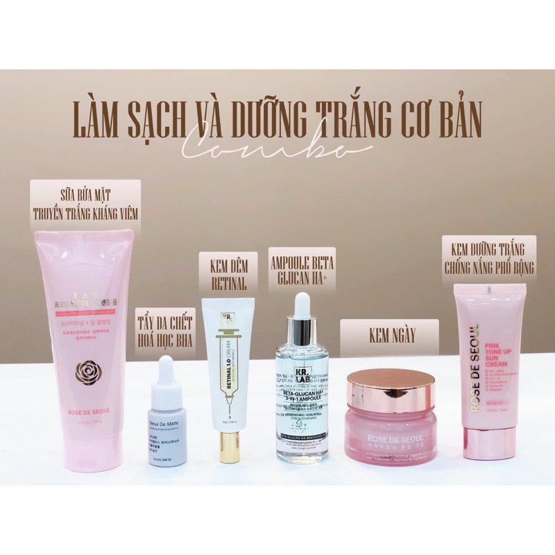 Combo sữa rửa mặt + thải độc + retinal + serum beta glucan + kem ngày + kem chống nắng Rose De Seoul Kr.Lab