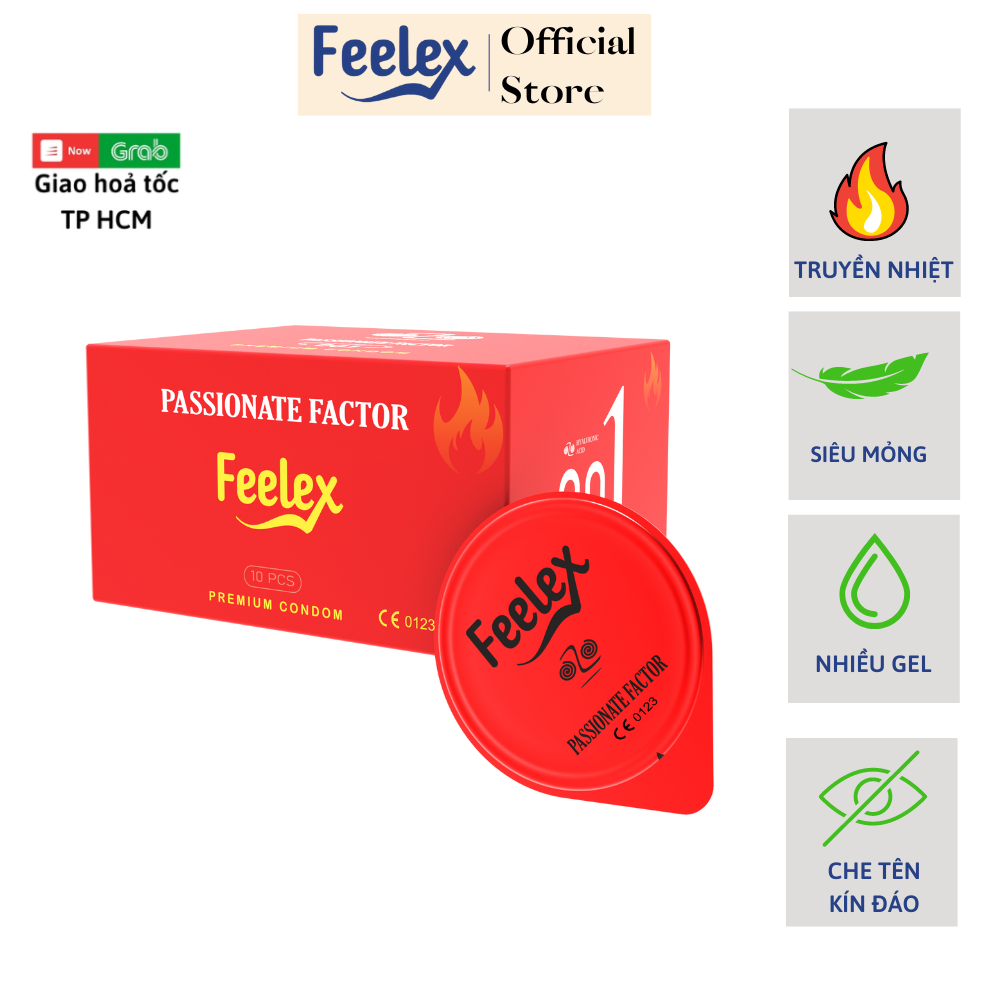 Bao cao su Feelex đỏ Passionate Factor mỏng, truyền nhiệt tốt, cảm giác chân thật, hộp 10 bcs