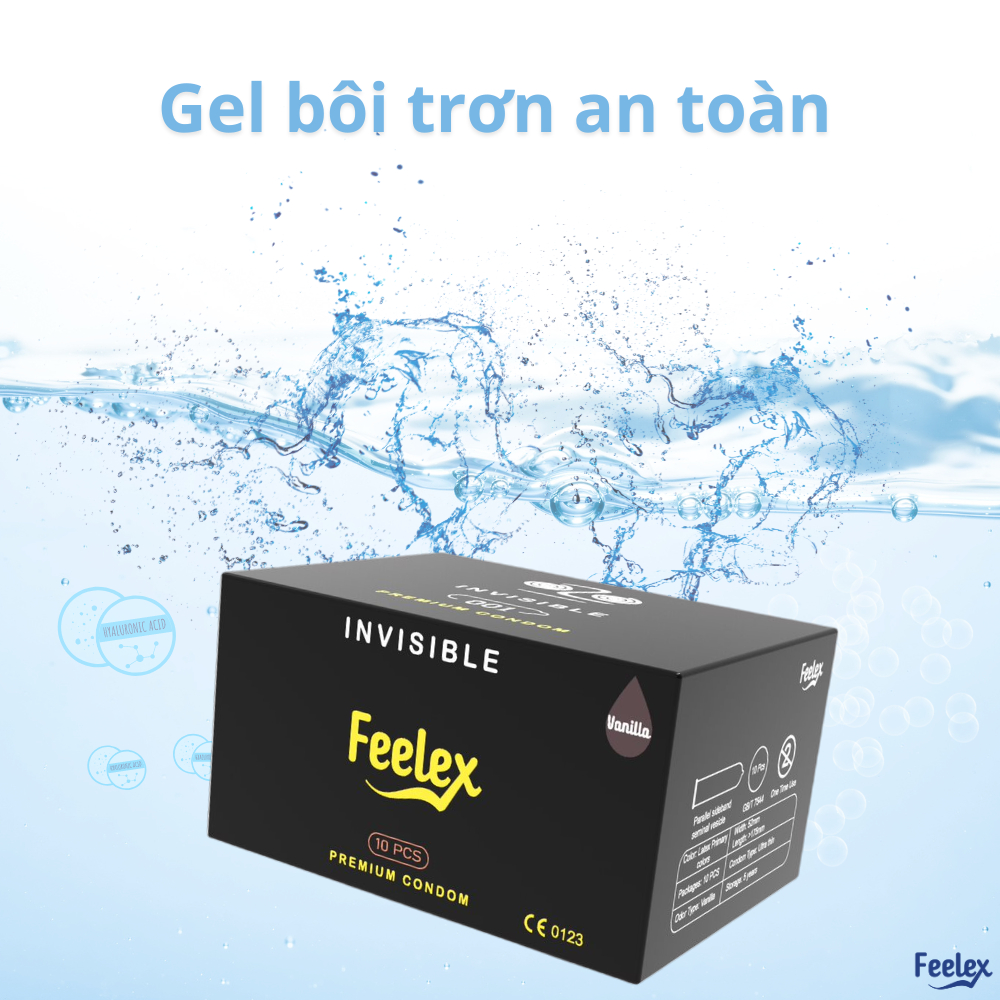 Bao cao su Feelex invisible đen siêu mỏng 0,03mm nhiều gel hộp 10 bcs