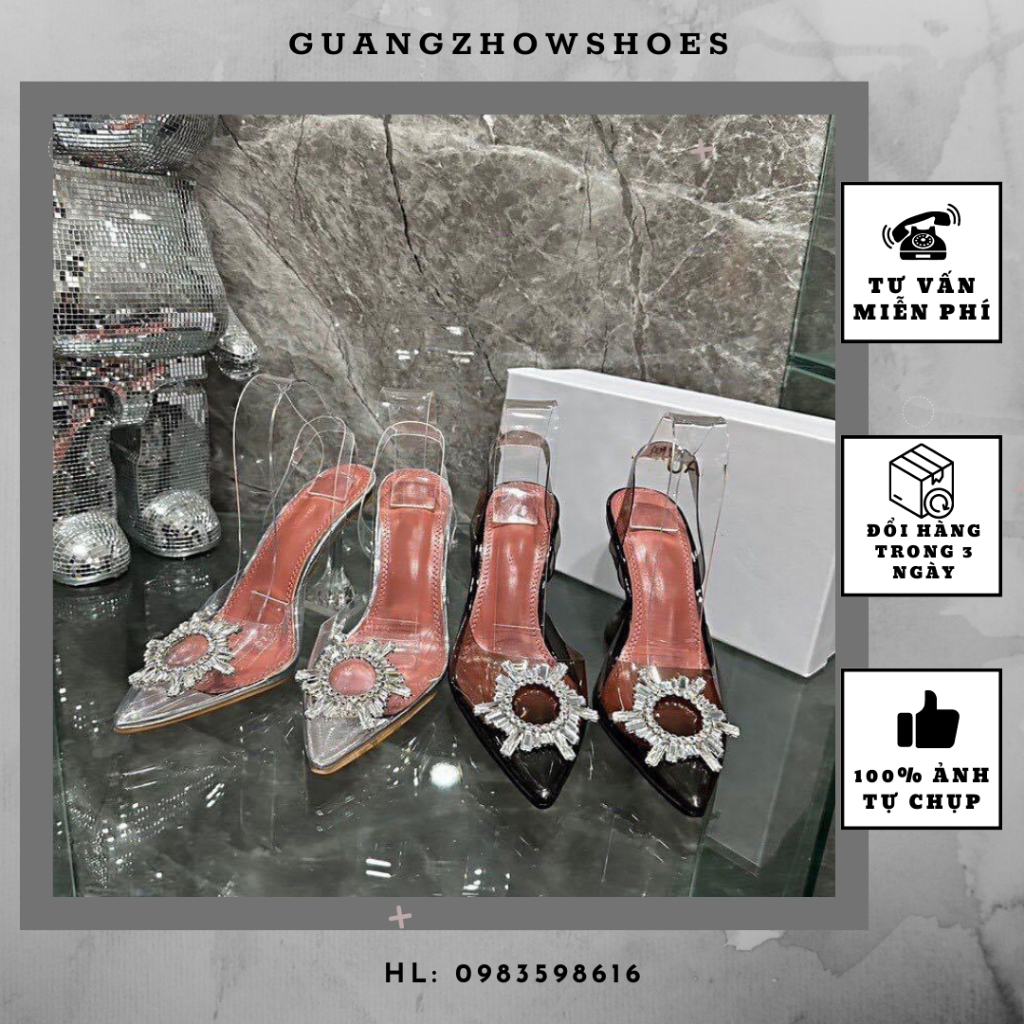 Sandal nữ cao gót mica trong đá mặt trời gót loe fullbox trắng