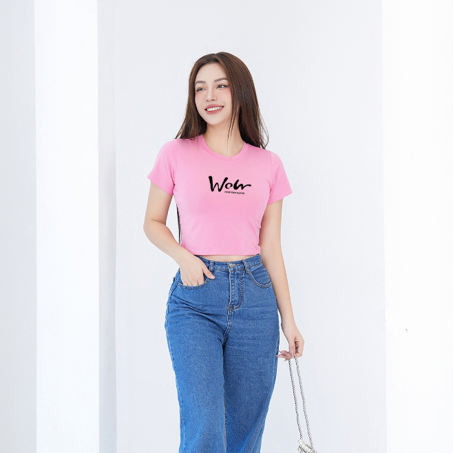 Áo croptop thời trang in chữ WoW- Áo laptop ôm chất Cotton LOZA CR6383