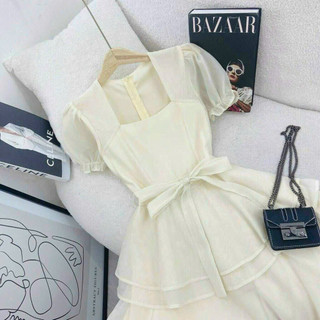 [8.8 Sales Freeship] Đầm công chúa, đầm tiểu thư cổ vuông tay phồng đính nơ eo xòe 2 tầng chất voan sang chảnh mtb