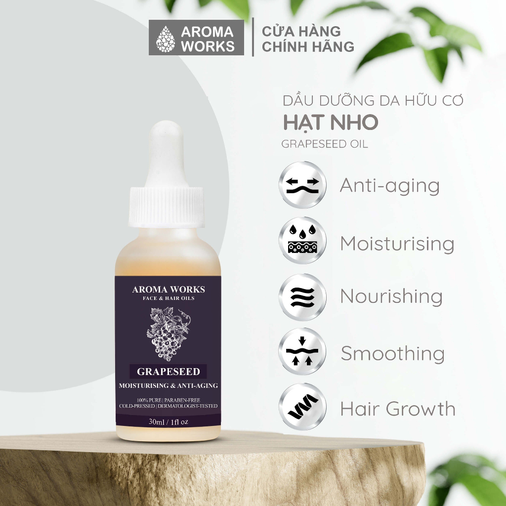 Dầu Hạt Nho Aroma Works Face & Hair Oil Grapeseed, dưỡng ẩm, mờ nếp nhăn, massage body