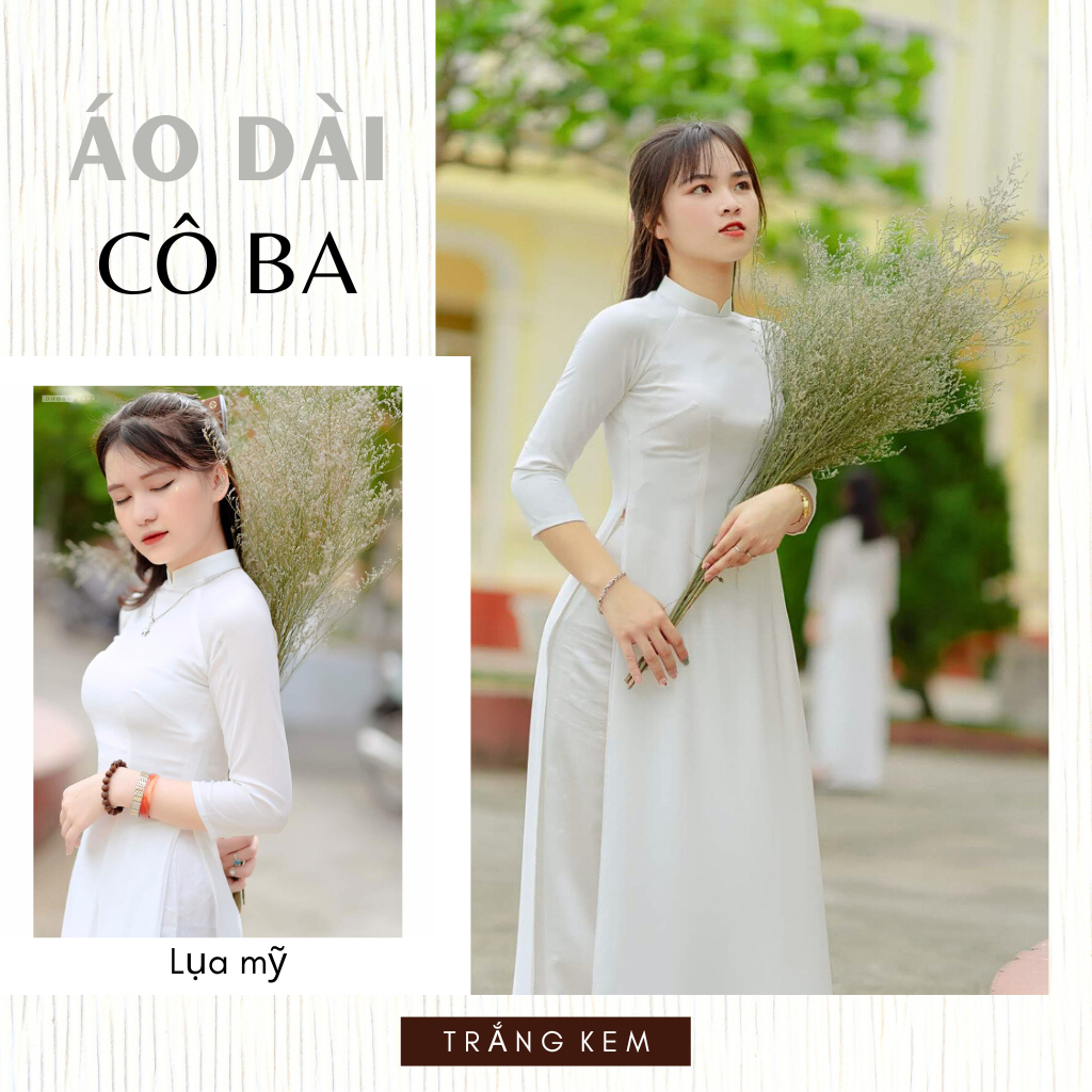 Áo dài học sinh màu trắng kem truyền thống 2 tà lụa mỹ cổ vuông 2cm tay lỡ-aodaicoba