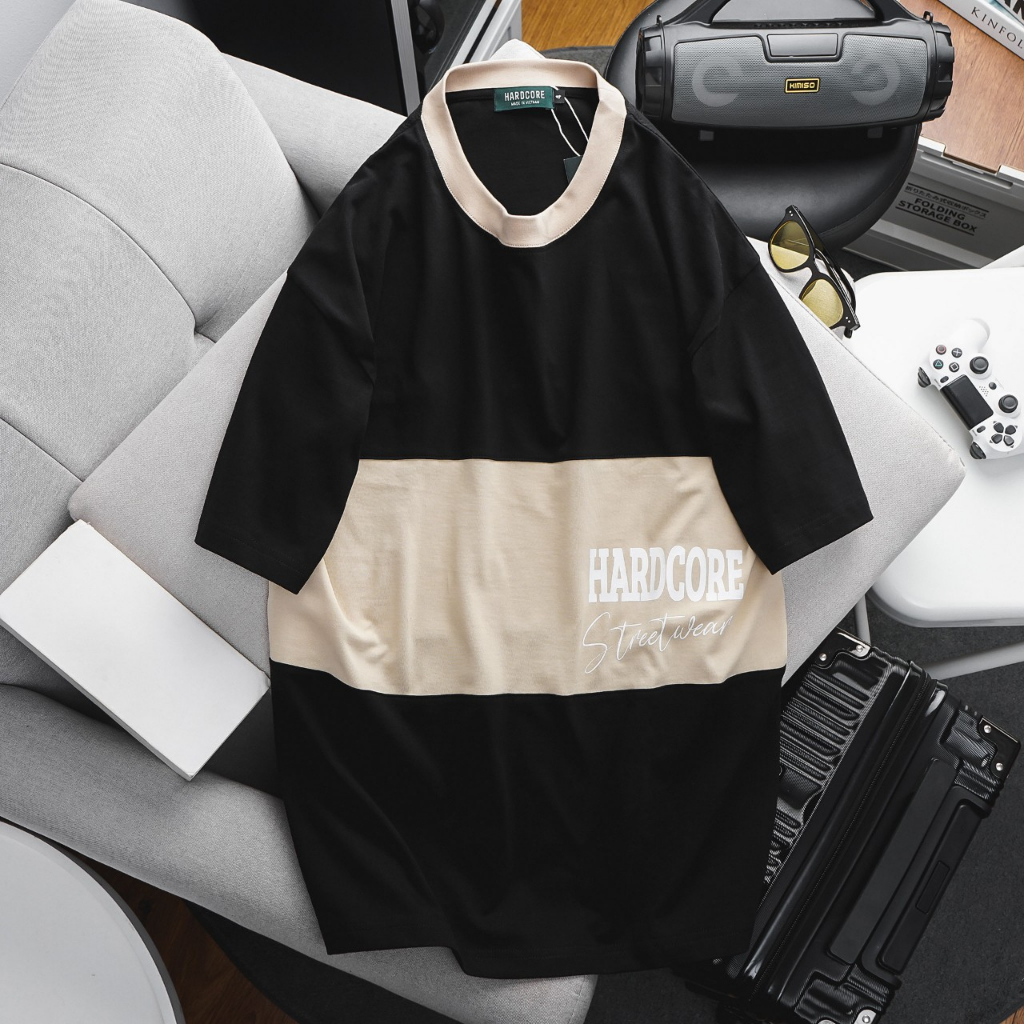 Áo thun cotton nam phối màu ngang in Hardcode bigsize