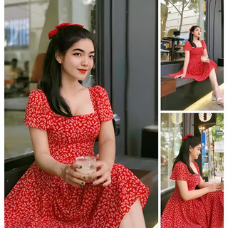 Đầm Lép hoa đỏ cổ vuông
