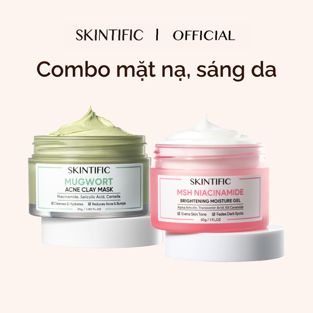 Combo mặt nạ sáng da Mặt nạ đất sét ngải cứu cải 55g +Gel dưỡng ẩm sáng da 5% MSH Niacinamide SKINTIFIC 30g