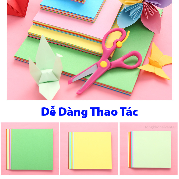Tệp 100 tờ giấy gấp Origami, giấy thủ công gấp hạc hoa ( 10 màu tổng 100 tờ) nhiều kích thước màu sắc đẹp tươi sáng