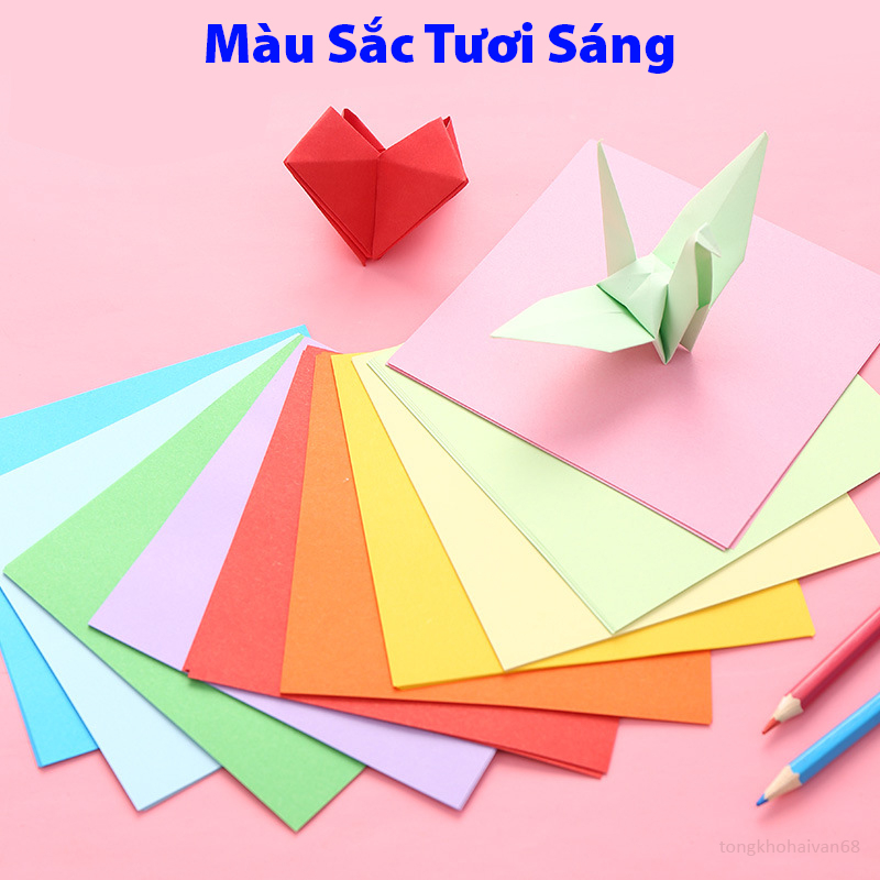 Tệp 100 tờ giấy gấp Origami, giấy thủ công gấp hạc hoa ( 10 màu tổng 100 tờ) nhiều kích thước màu sắc đẹp tươi sáng