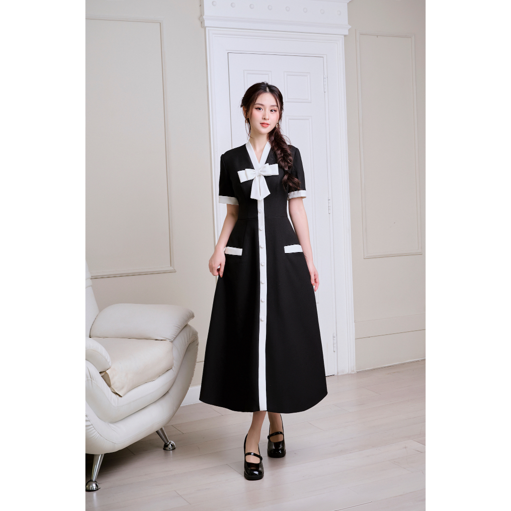 Armous- Đầm dài đen phối nơ sang trọng Chloe