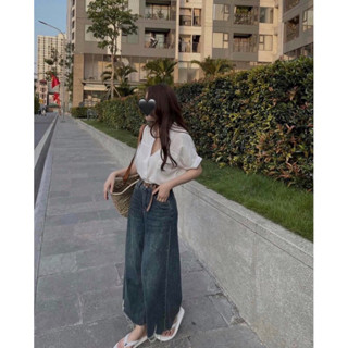 [BIGSIZE 75kg] - 40048 Quần Jean Nữ Suông Giả Váy Ống To Thụng Lưng Siêu Cao, quần bò nữ lửng 9 tấc tôn dáng QC HOT2023