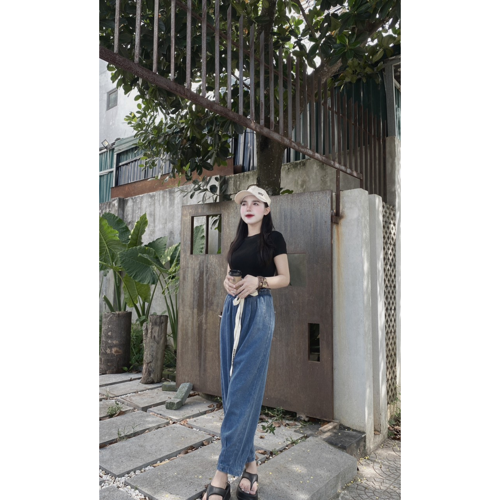 Quần Jean Nữ Baggy Cạp Chun Lưng Cao, quần bò mềm 9 tấc lưng cao ống rộng thoải mái che khuyết điểm chân