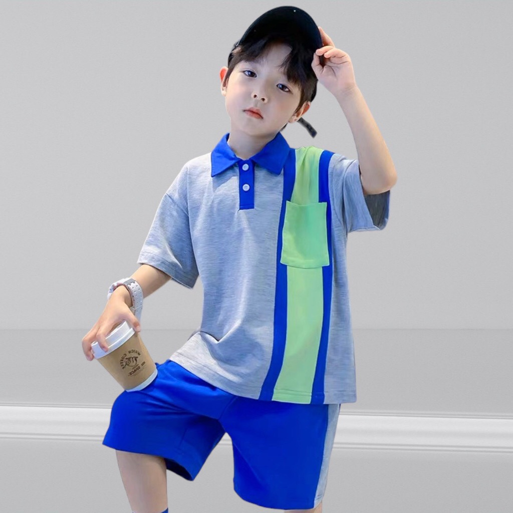 Bộ cổ trụ bé trai cotton Chan Chan phối 3 màu CÓ TÚI cho bé từ 13-50kg